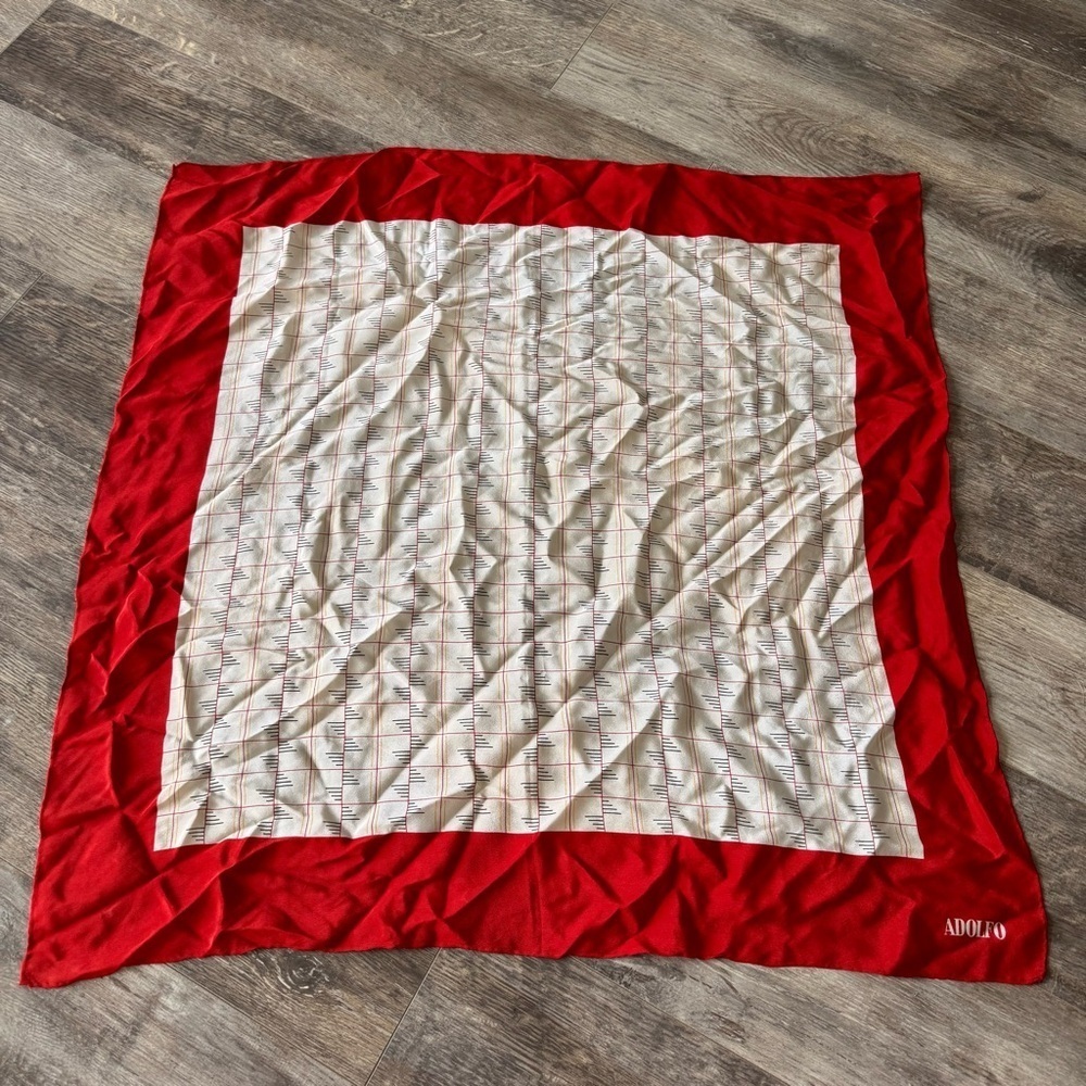 Vintage! Red and White Adolfo Silk Scarf - 28.5”